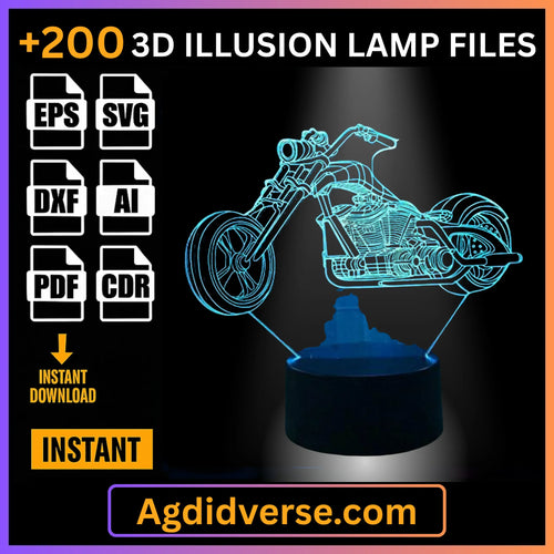 Chopper motorcycle 3D illusion lamp glowing blue on LED base