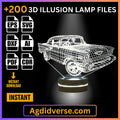 Classic car 3D illusion lamp glowing white on wooden LED base