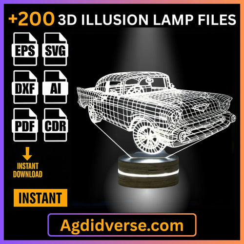 Classic car 3D illusion lamp glowing white on wooden LED base