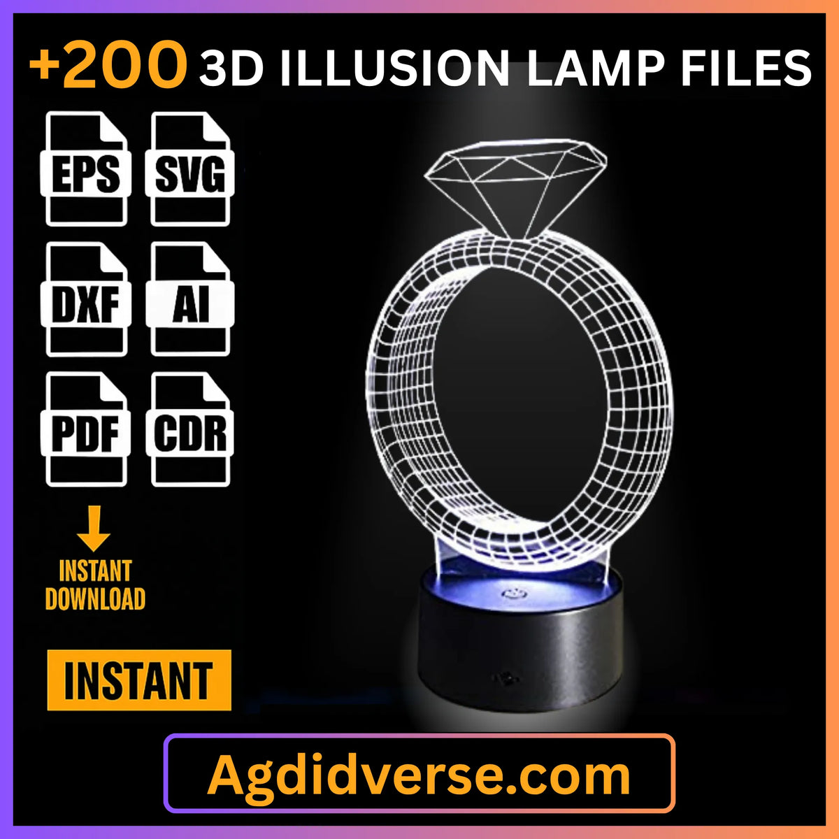 Diamond ring 3D illusion lamp glowing white on LED base