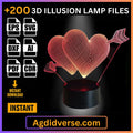 Double heart with arrows 3D illusion lamp glowing red on LED base