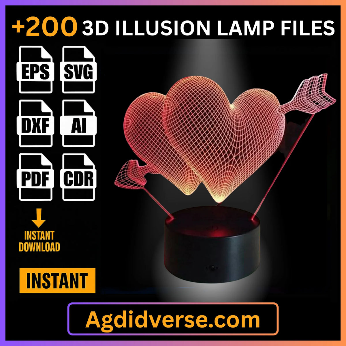 Double heart with arrows 3D illusion lamp glowing red on LED base