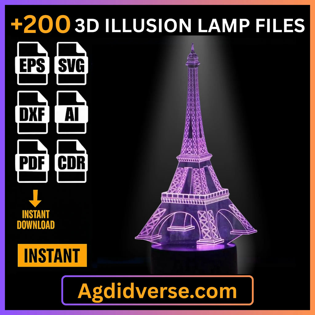 Eiffel Tower 3D illusion lamp glowing purple on LED base