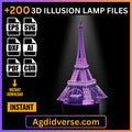 Eiffel Tower 3D illusion lamp glowing purple on LED base