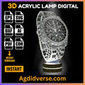 Luxury chronograph watch 3D illusion lamp glowing white on wooden LED base