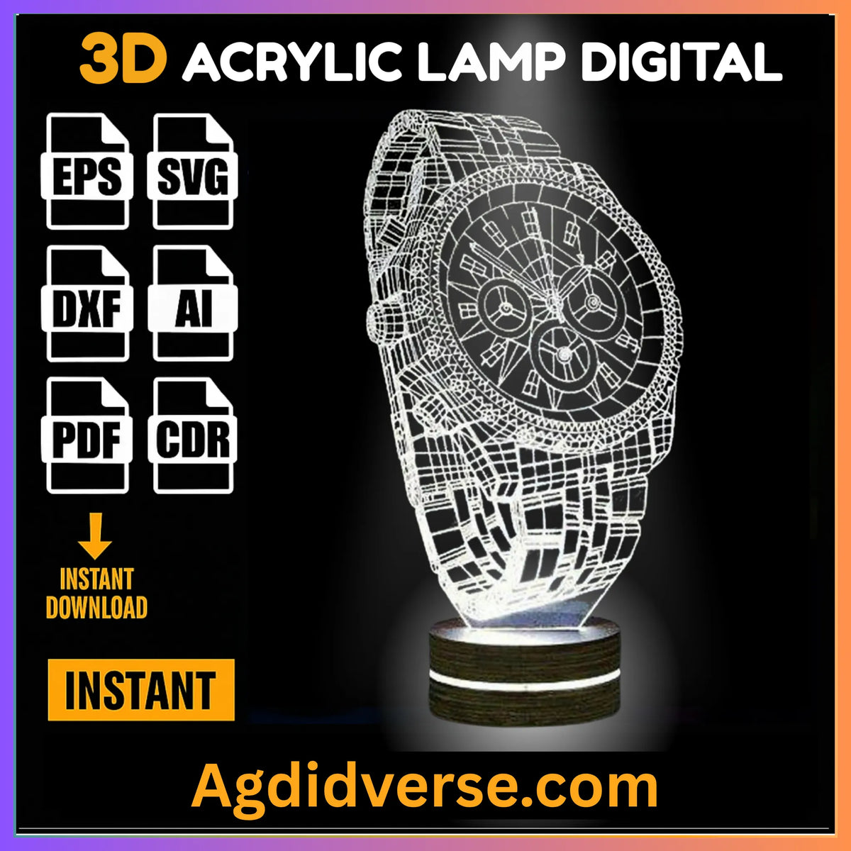Luxury chronograph watch 3D illusion lamp glowing white on wooden LED base