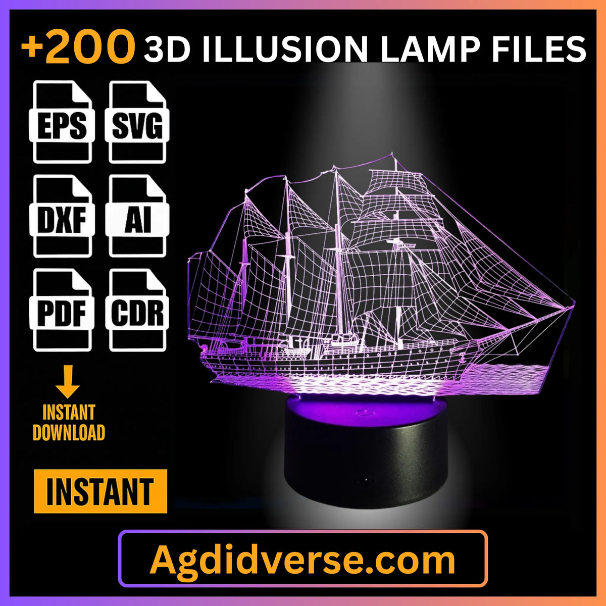 Sailing ship 3D illusion lamp glowing purple on LED base