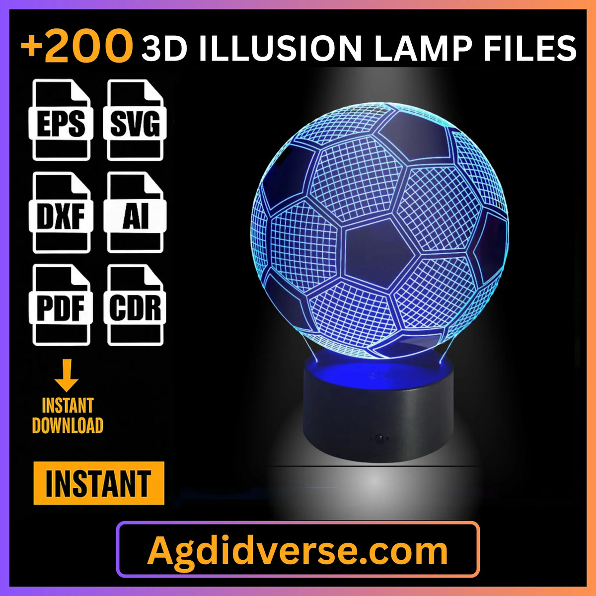 Soccer ball 3D illusion lamp glowing blue on LED base